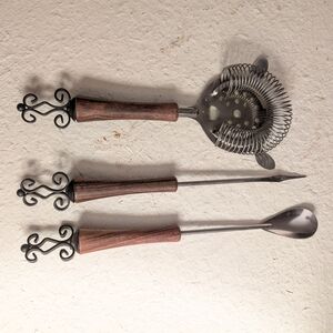 Mid Century Stainless Steel Wood and Metal Bar Tool Set - Cocktail Strainer